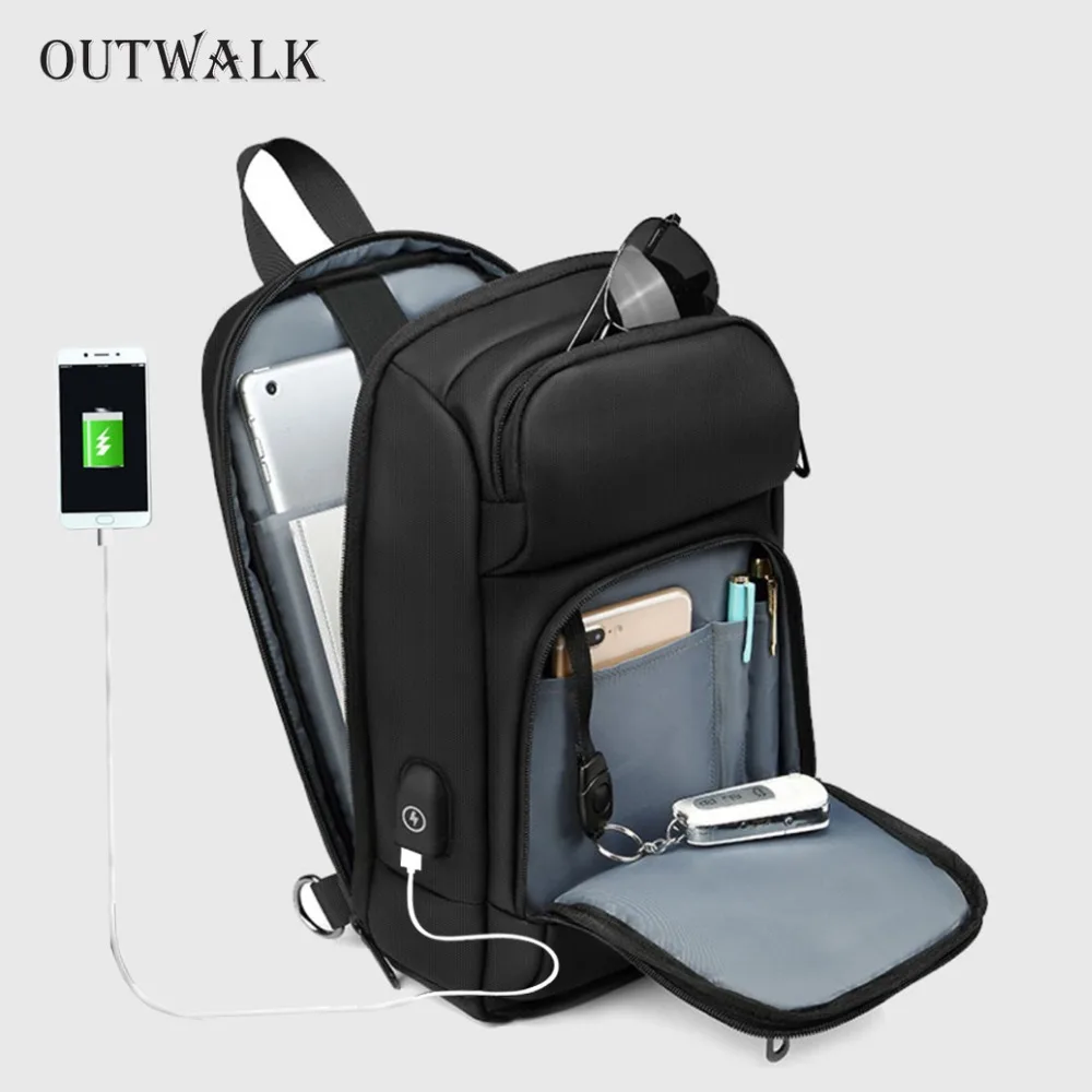 OUTWALK Black Chest Pack Men Casual Shoulder Crossbody Bag USB Charging Chest Bag Water Repellent Travel Messenger Bag Back Pack