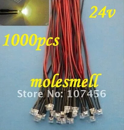 Free shipping 1000pcs Flat Top warm white LED Lamp Light Set Pre-Wired 5mm 24V DC Wired 5mm 24v big/wide angle warm white led