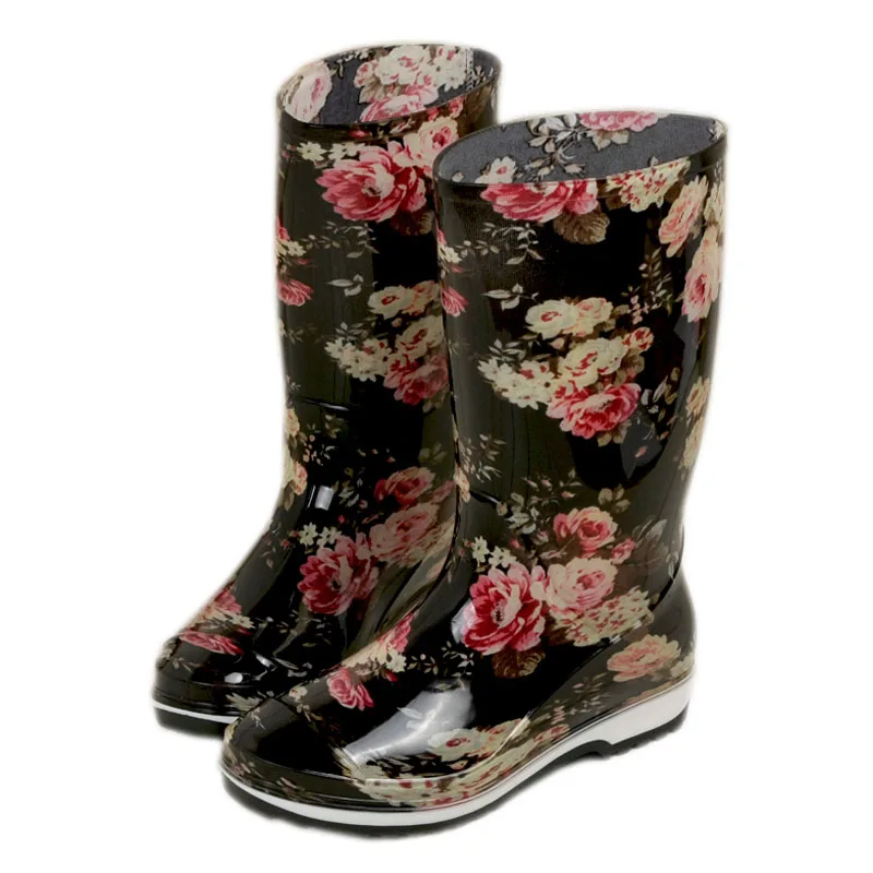 Rouroliu Women PVC Rain Boots Winter Anti-slip Warm Plush Floral Rainboots Waterproof Water Shoes Woman Wellies RS26