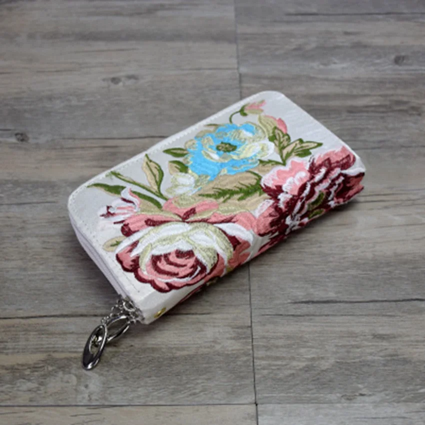 

New national wind embroidered long wallet female double-sided embroidery double zipper multi-function hand mobile phone purse