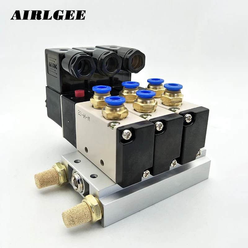 

4V210-08 2 Positions 5 Way 1/4"PT Thread ports 3 Sets Pneumatic Solenoid Valve Sets W Base Fitting Mufflers DC12V 24V AC220V