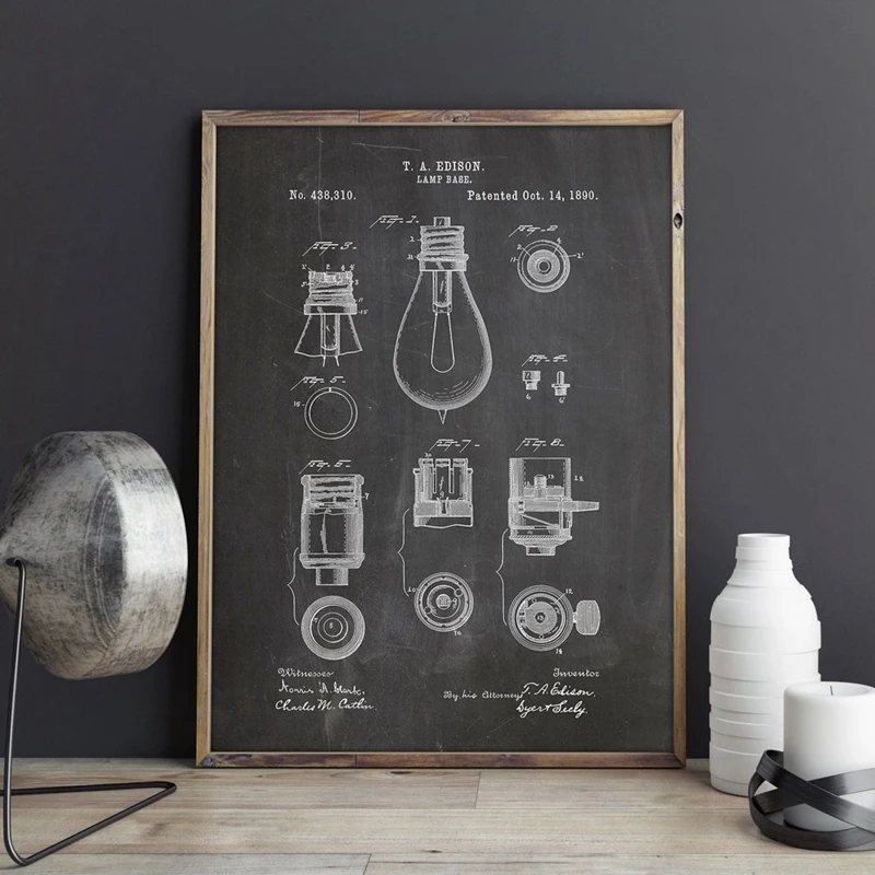 Edison Lamp Base Patent Prints Thomas Edison Bulb Wall Art Posters Lighting Decor Vintage Blueprint Gift idea Wall Decoration