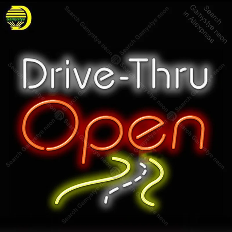 Drive Thru OPEN with Road Neon Sign Glass Tube Handcraft light Sign Recreation Hotel Iconic Sign Neon Lights anuncio luminoso