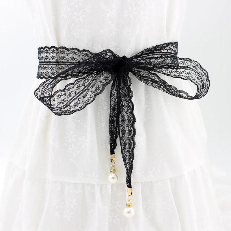 Women Fashion Belts Lace Hollow Girdle Thin Pearl Belt Rope for Dresses Tassel Waistband Belt Knot Decorated Narrow Ribbon Black