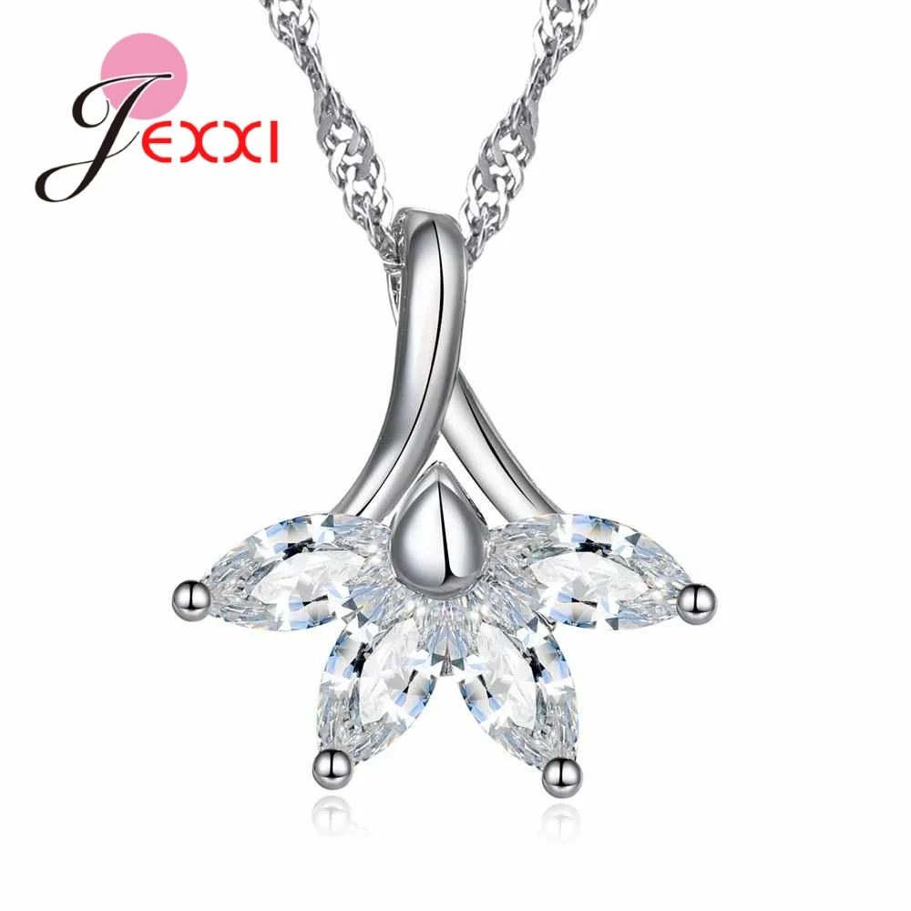 

Hot Promotion 925 Sterling Silver Necklace Chain with White Cubic Zircon Crystal Flower Pendant for Women/Girls Best Gifts