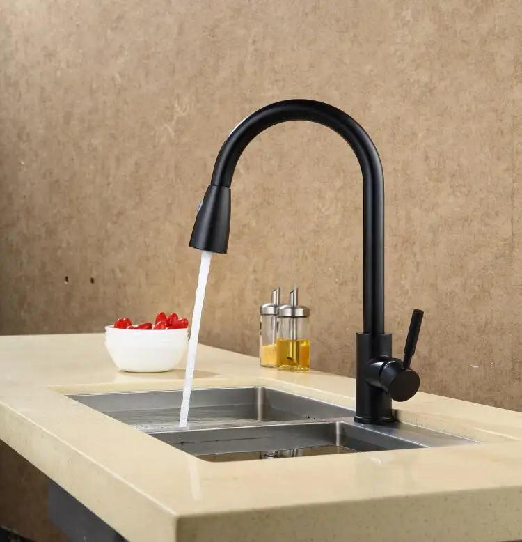 Fashion German technology high quality brass black and chrome single lever hot and cold pull out sink faucet kitchen tap