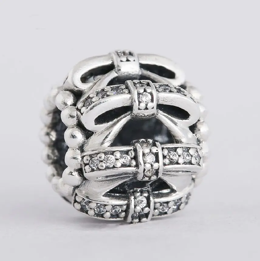 

Winter New CZ Pave Openwork Bow knot Charm Beads 925 Sterling Silver Christmas Gift Charms Fits Pandora Charm Bracelets