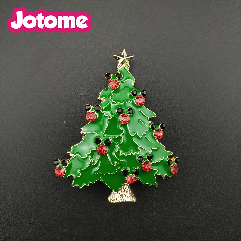 Holiday Jewelry Colorful Green Enamel Christmas Tree Crystal Rhinestone Pin Brooch