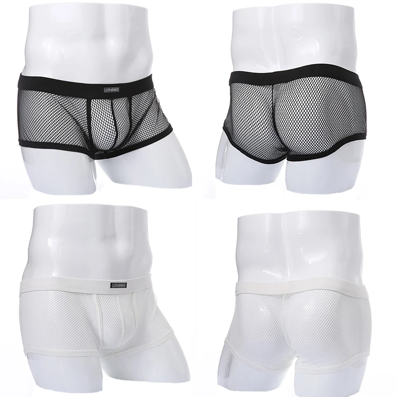 Sexy masculino boxers shorts baixo crescimento homem sexo roupa interior lingerie tronco malha transparente ver através de cuecas eróticas preto