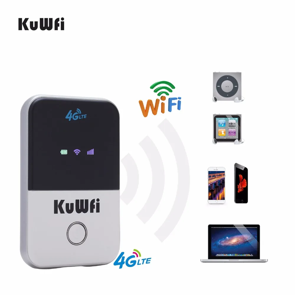 KuWfi Router seluler Mini 4G LTE nirkabel, Modem sinyal wifi portabel, Router 4G bawaan 2100mAh Slot kartu SIM Baterai