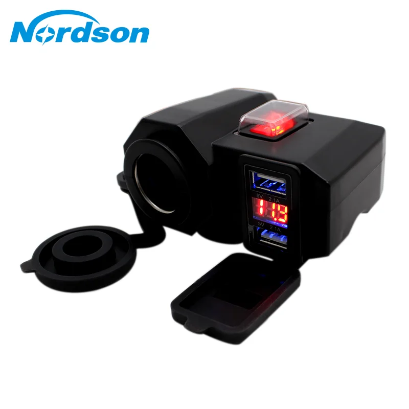 Nordson Waterproof 12V Motorcycle Dual USB Charger Cigar Lighter Socket LED Voltmeter Accessories Parts for Motocross Dirt Bike