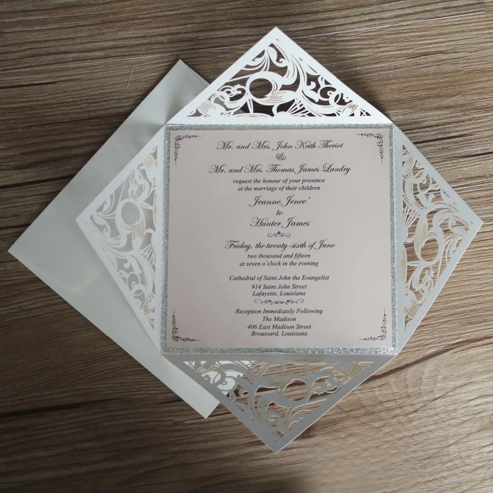 Laser Cut Wedding Invitations, Romantic Invitation Card With Silver Liner, Customized Invitations for wedding - Set of 50 pcs