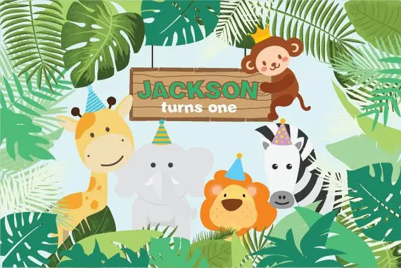 Custom Animal Jungle Safari Giraffe Lion Elephant Zebra Monkey Zoo backdrop Computer print birthday background