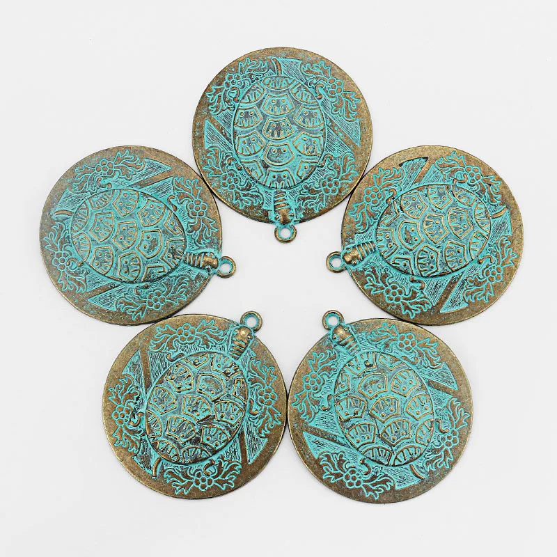 3Pcs Verdigris Patina Large Round Carved Tortoise Turtle Charms Pendant Medallion For DIY Necklace Jewelry Making Supplies