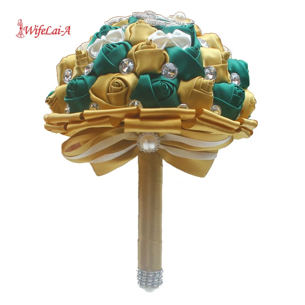 WifeLai-A Golden with Emerald Green Artificial Rose Bride Bouquet with Diamond Ribbon Wedding Bouquet Decoration Flowers W2913