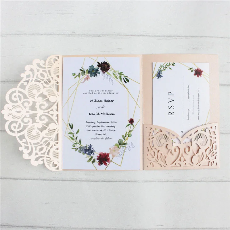 

Invitation card wedding laser cut with envelop elegant dusty pink tri-folding offer customized printing multi colors 50pcs