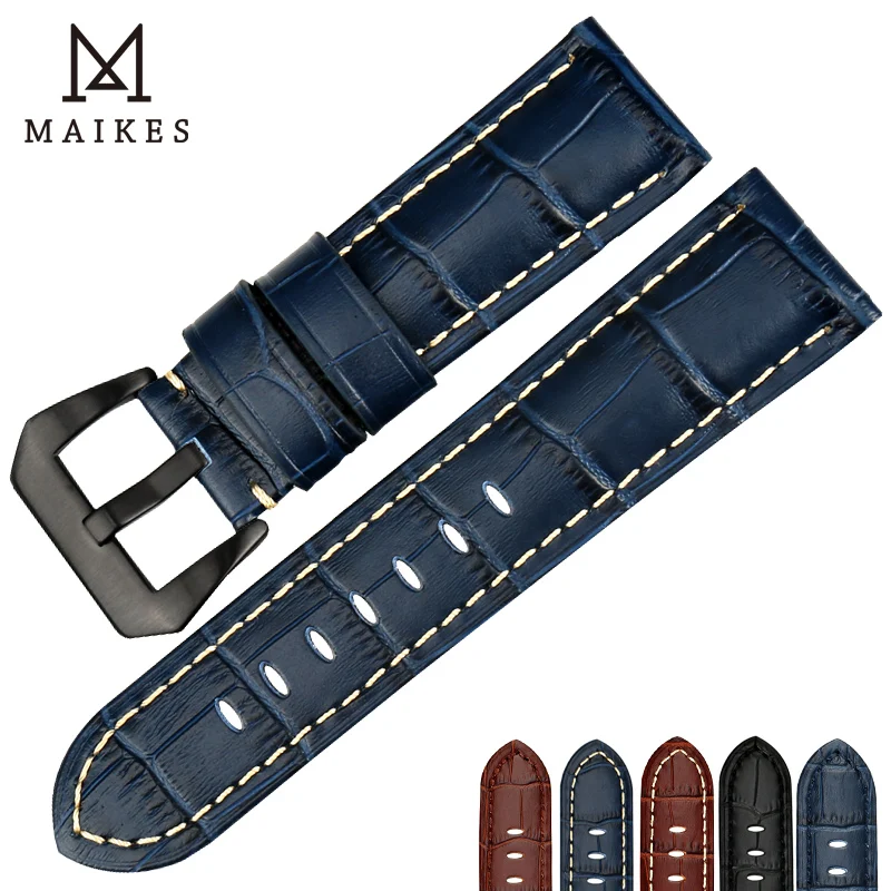 MAIKES New design watchbands 22 24 26mm watch accessories bracelet genuine leather strap watch band black buckle for Panerai