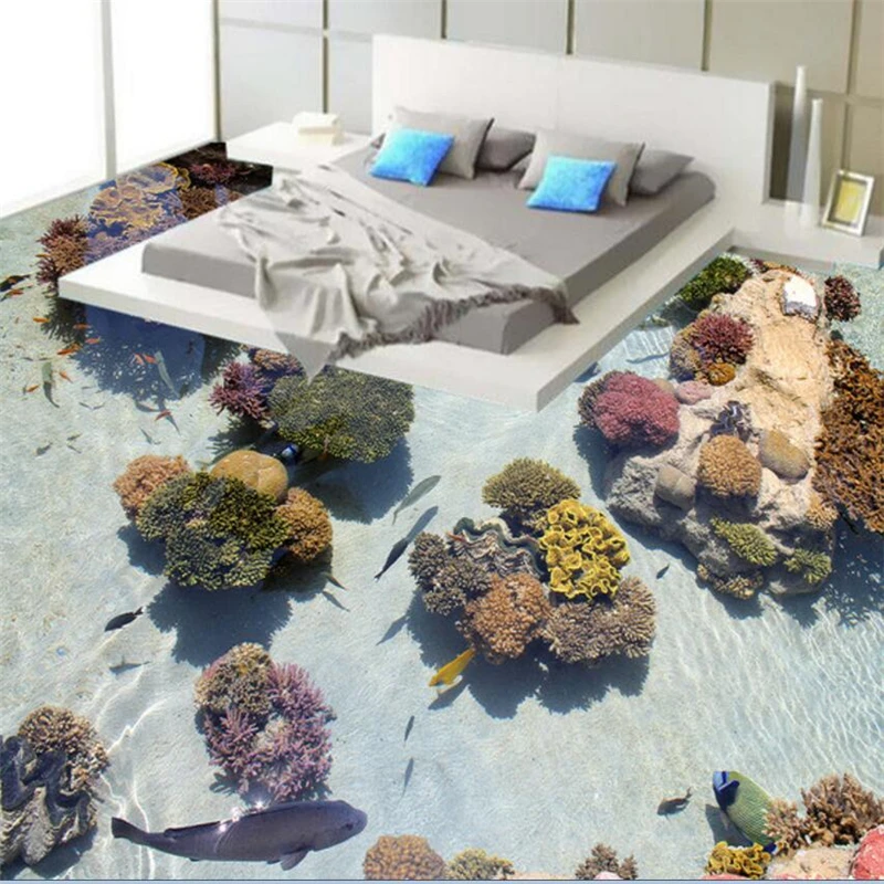 

Custom coral tropical fish marine 3D floor painting living room waterproof anti-skid self-adhesive decorative 3d floor stickers