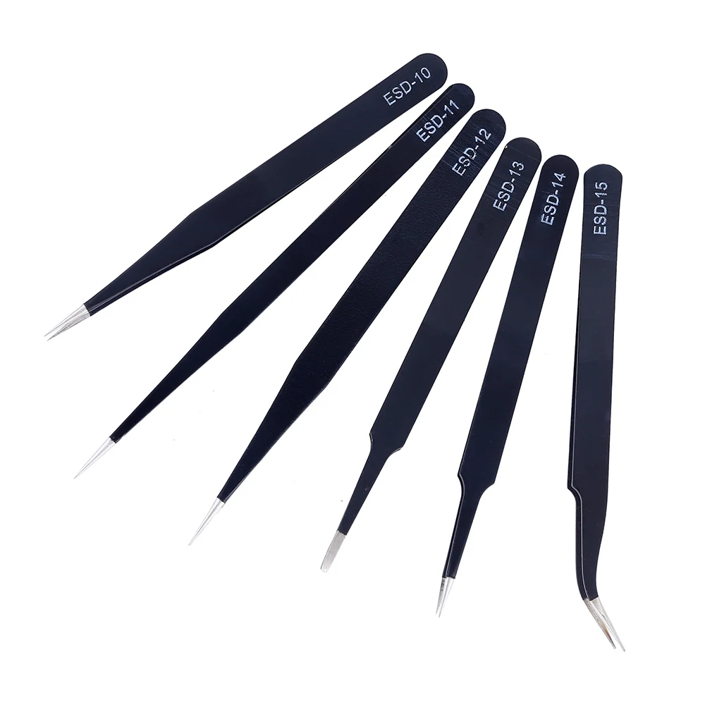 Anti-static ESD Stainless Steel Tweezers Set Maintenance Tools Industrial Precision Curved Straight Tweezers Repair Tools Set