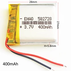 3.7V 400mAh 582728 akumulator Lipo polimerowe baterie litowe do MP3 GPS DVD Bluetooth rejestrator ebooka kamera głośnik