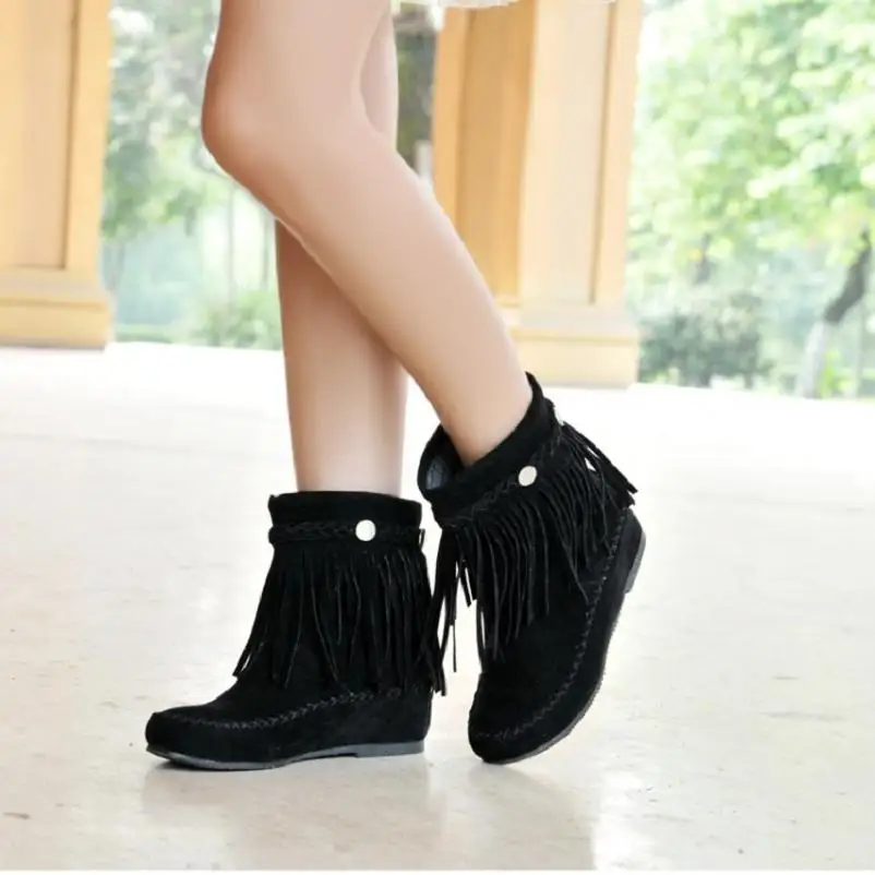 AIYKAZYSDL Bohemian gypsy boho ethnic national women tassel fringe Faux suede leather ankle boots woman girl flat shoes booties