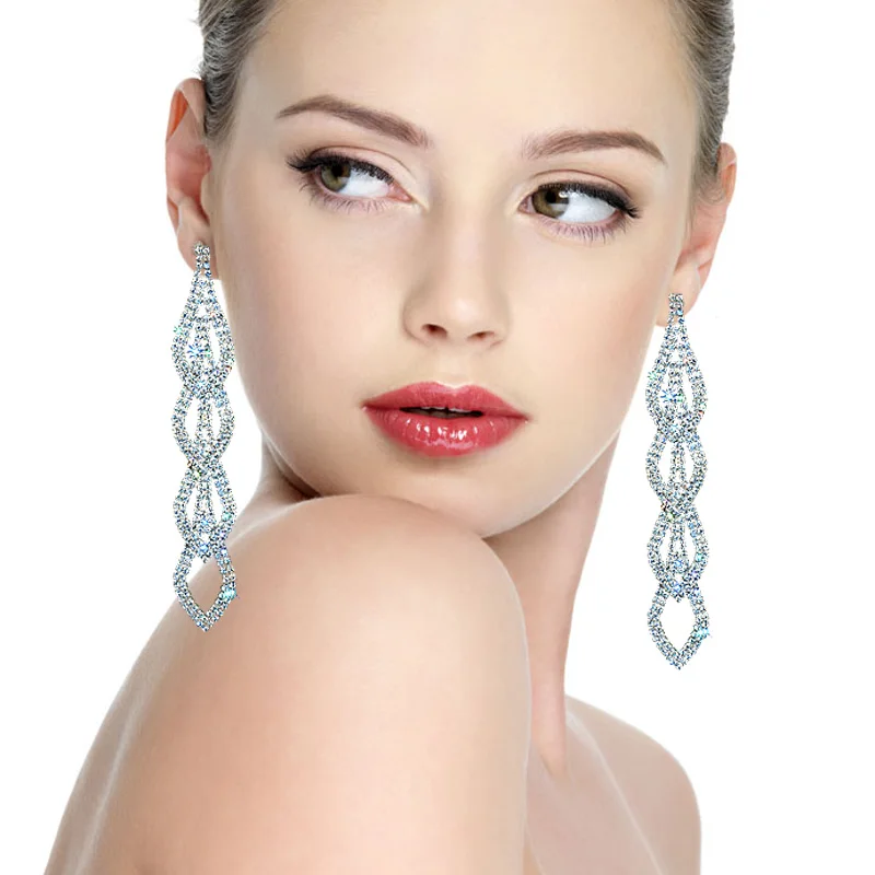 CHRAN Luxury Silver Plated Exaggerated Rhinestone Bridal Jewelry Fashion Link Drop Ultra Long Tassel Crystal Earrings for Women