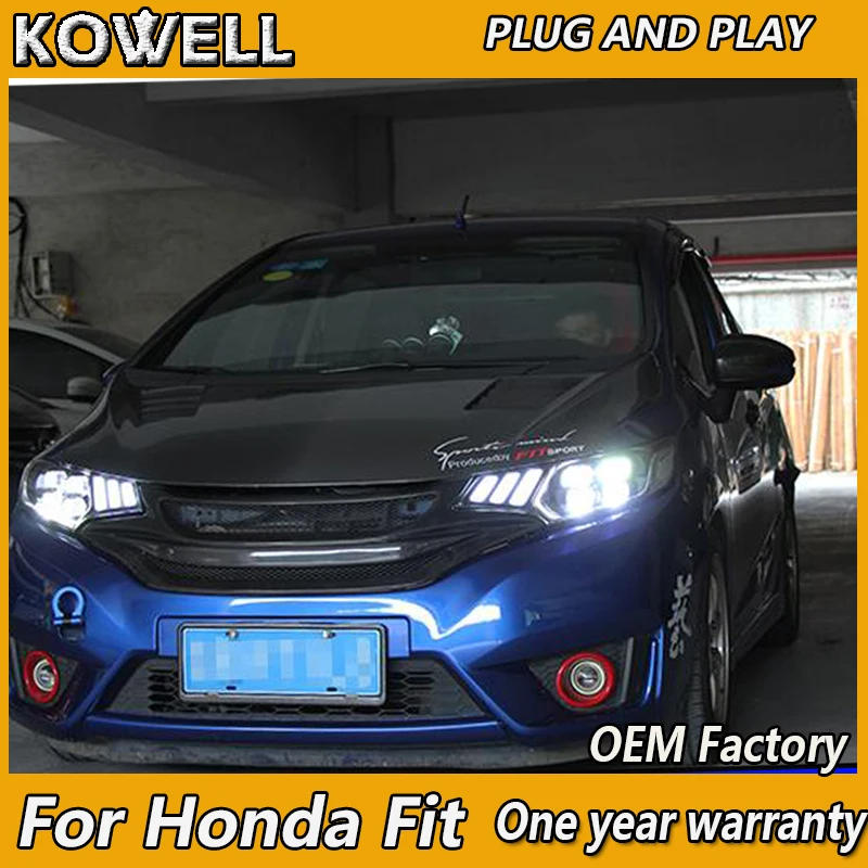 KOWELL Car Styling For Honda Fit  gk5 gk 5 2014 2015 2016 2017 Headlamp DRL Lens Double Beam of 4 LED Red LED Angle Eye Style