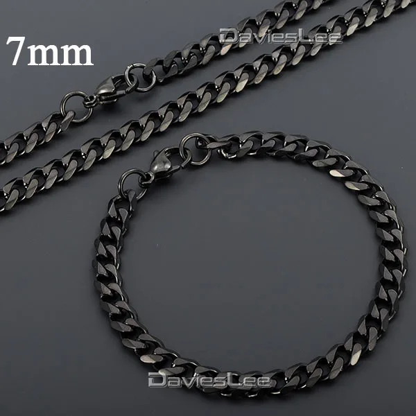 

Fashion Gift 7mm Mens Black Gold (color) Curb Cuban Necklace Stainless Steel Chain Bracelet Jewelry(Set) DLKS109