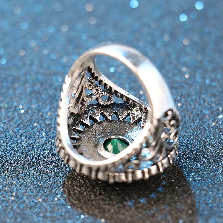 Hot Sale Vintage Red Green Ring Black Crystal Hollow Tree Pattern Rings For Women Tibetan Silver Jewelry Free Shipping