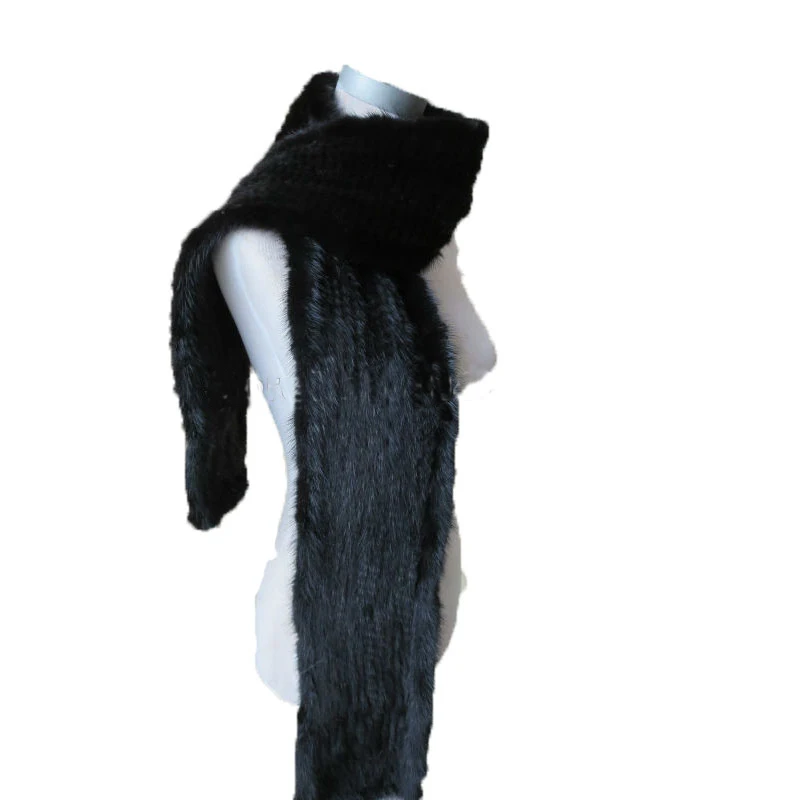 Man's Winter Real Mink Fur Knitted long Scarf Mens Warm Soft Shawl Male Black