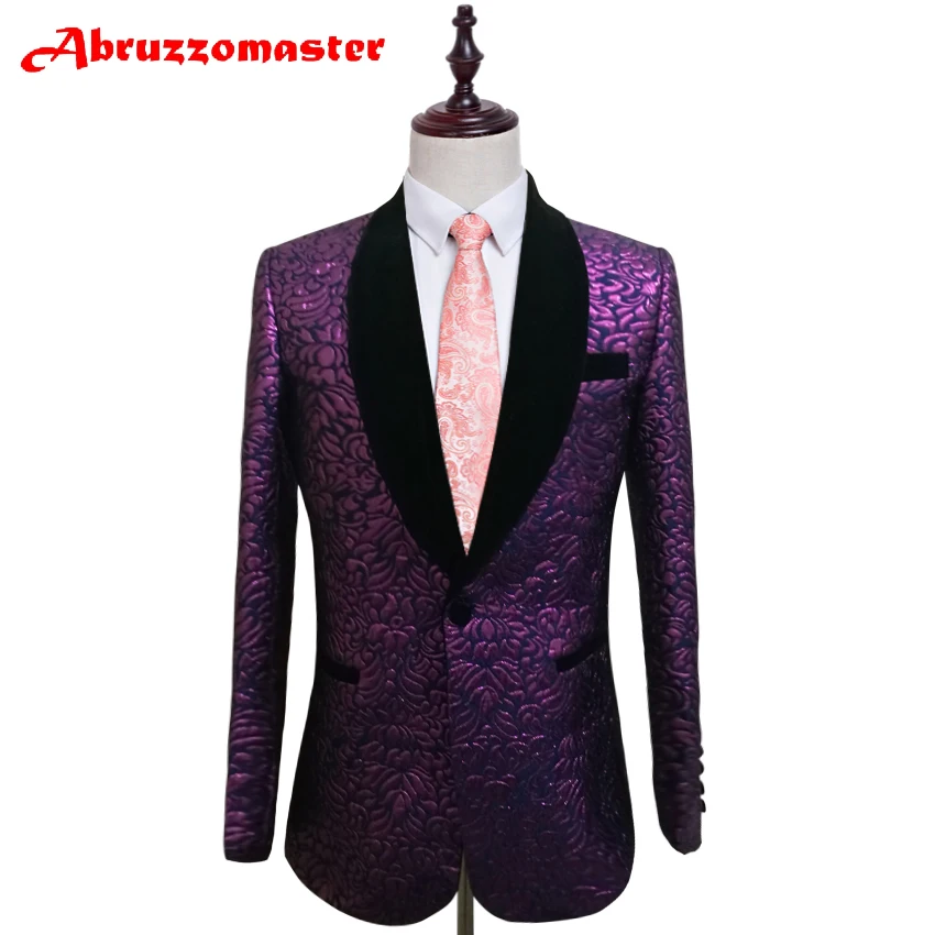 Abruzzomaster Print Wedding Suit Purple Man jacket and Black Pants Tailor Suit Blazer Custom Made Man Suit Stage Wear Clothes