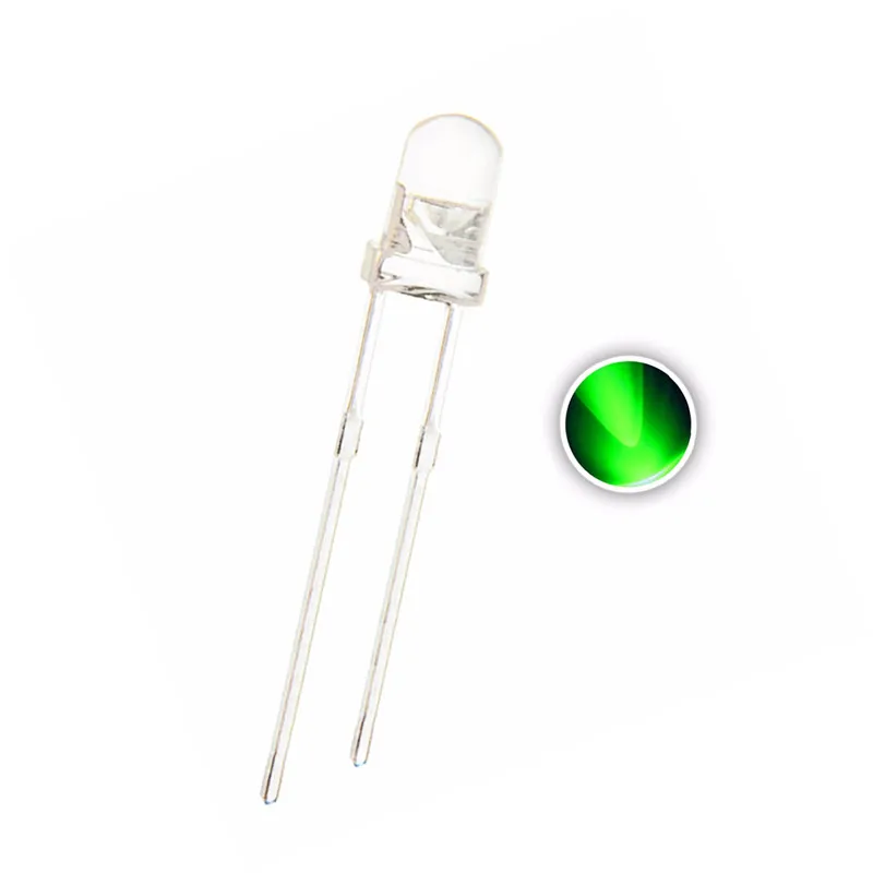 100PCS, 3MM Green LED, Water Clear , Round head, 515nm-520nm, 3V 20mA F3 TRUE GREEN