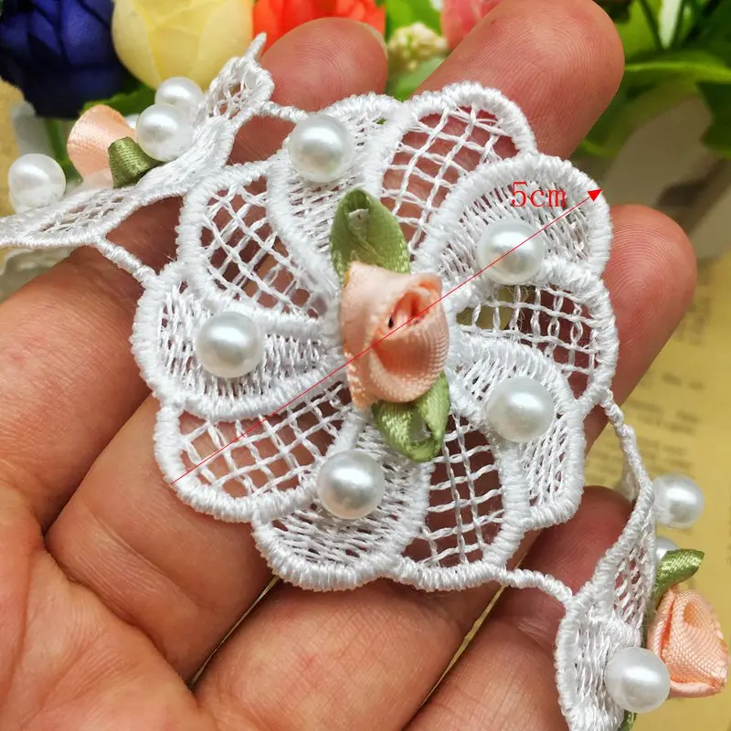 10X للذوبان زهرة الورد اللؤلؤ المطرزة شبكة الفرنسية الدانتيل تقليم الشريط النسيج لوازم الخياطة الحرفية لفستان مُصمم حسب الطلب قبعة ديكور #6