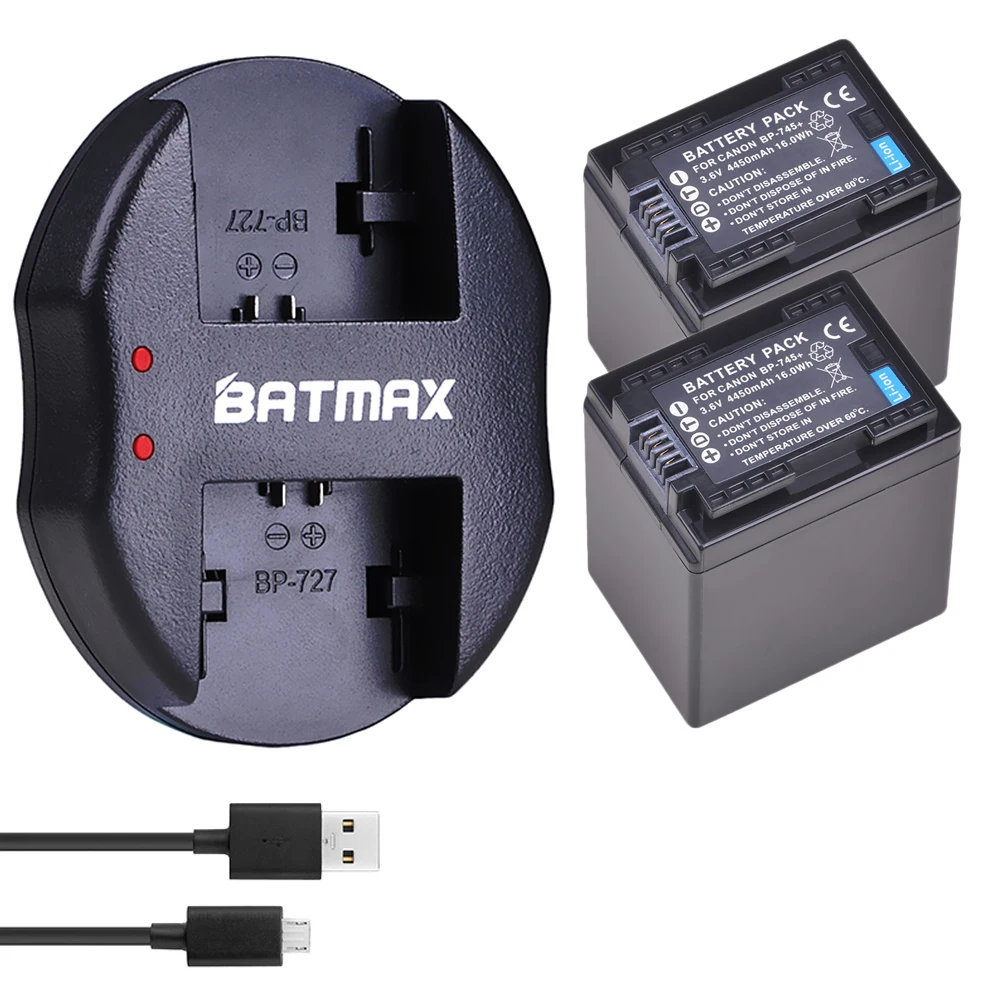 2Pcs BP-745 BP745 BP-727 BP727 Battery + USB Dual Charger for Canon HF R306 M506 R32 R48 R38 M52 M56 M60 R36 R46, HF R306