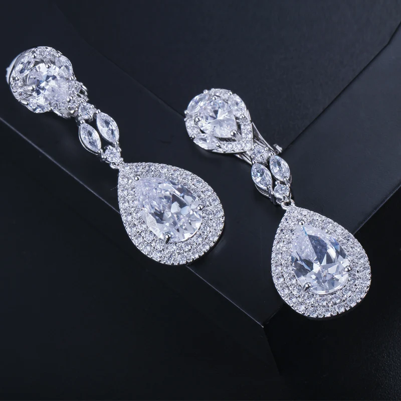 CWWZircons Luxury Round Water Drop Non Pierced CZ Wedding Earrings High Quality Clip on Long Earring Without Piercing CZ399