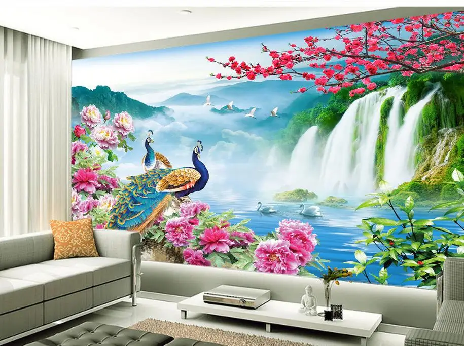 

Peacock landscape paintings TV backdrop 3D stereoscopic wallpaper floor 3d room wallpaper landscape