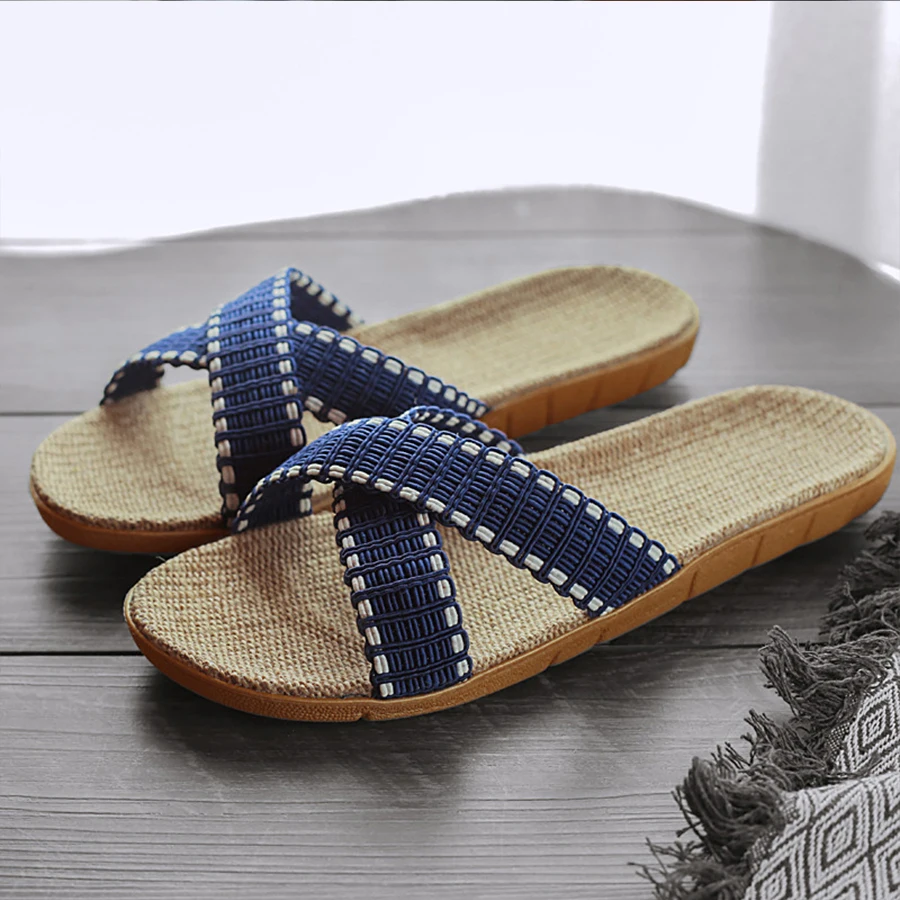 LCIZRONG Summer Linen Home Slippers Women 35-45 Large Size Slapping Beach Flip Flops 5 Colors Unisex Bathroom Family Slippers