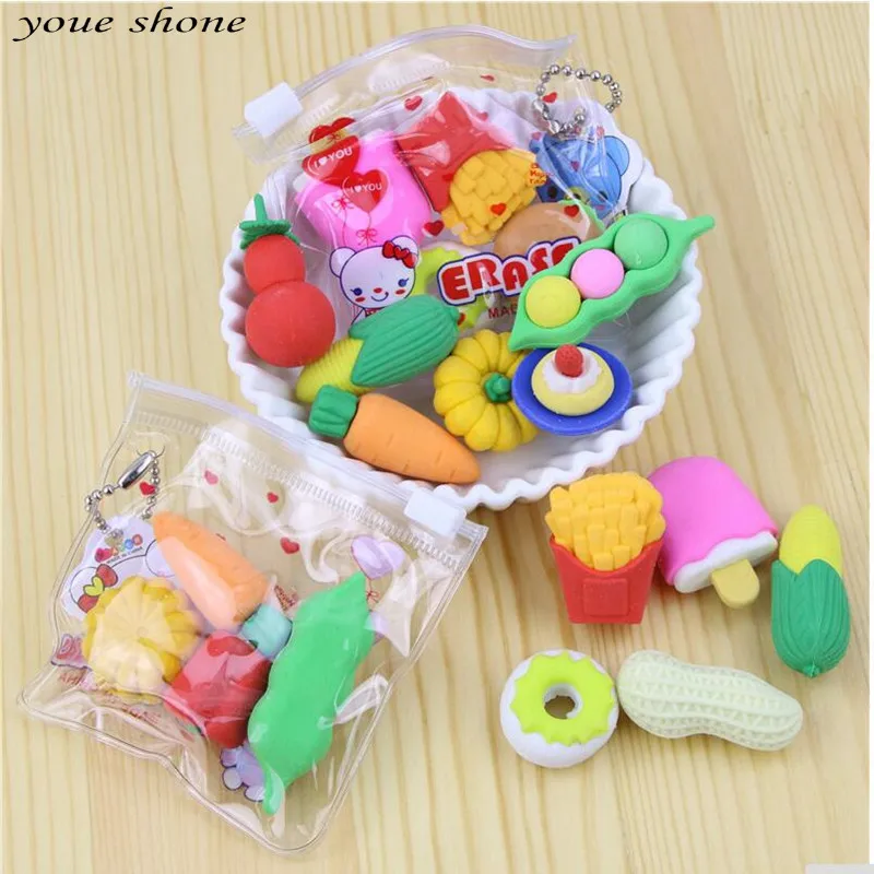 

1Bags=3Pcs Elastic Cartoon Vegetables And Fruits Eraser Fries Hot Dog Modeling Rubber Material School Supplies