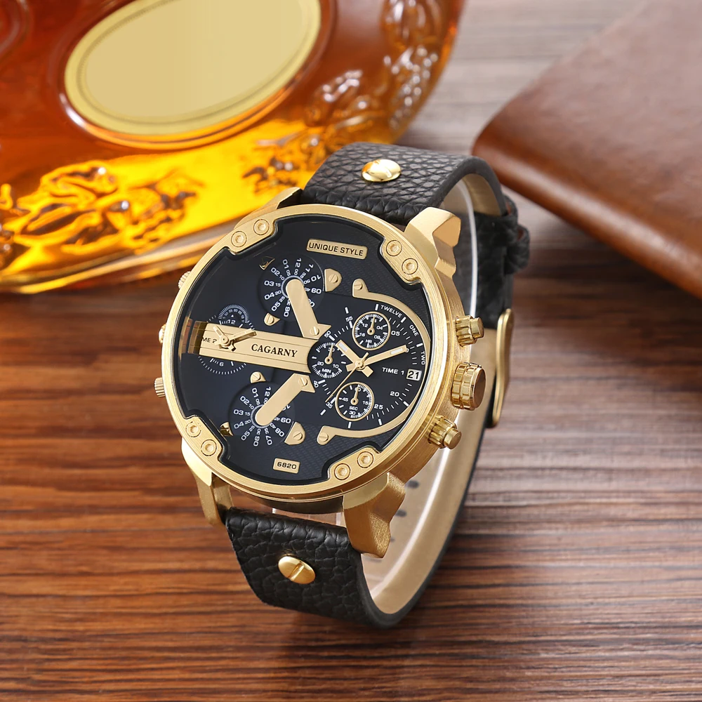 Luxury Cagarny Quartz Watch Men Black Leather Strap Golden Case Dual Times Military dz Relogio Masculino Casual Mens Watches Man