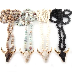 Fashion Bohemian Jewelry Amazonite Stone Knotted Horn Pendant Necklace For Women Beaded Necklace