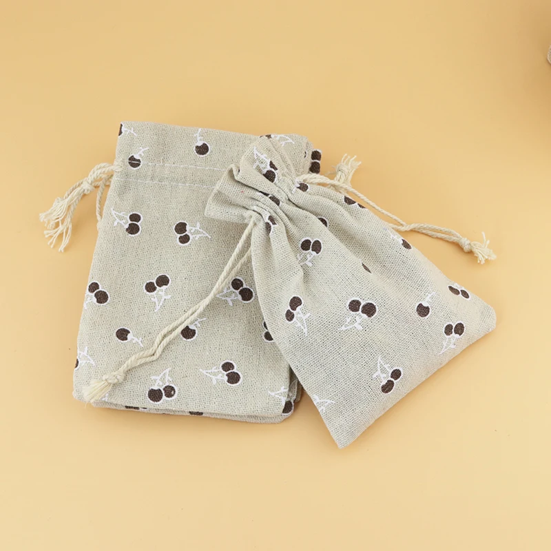 

50Pcs/lot 10x14cm Natural cute Printed Fruit Drawstring Linen Cotton Bag Drawable Packaging Bag And Wedding jewelry Gift Bags