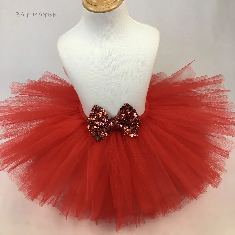 Girls Red Tutu Skirt Baby Fluffy Tulle Ballet Pettiskirts with Sequin Bow Kids Party Skirt Costume Children Dance Underskirts