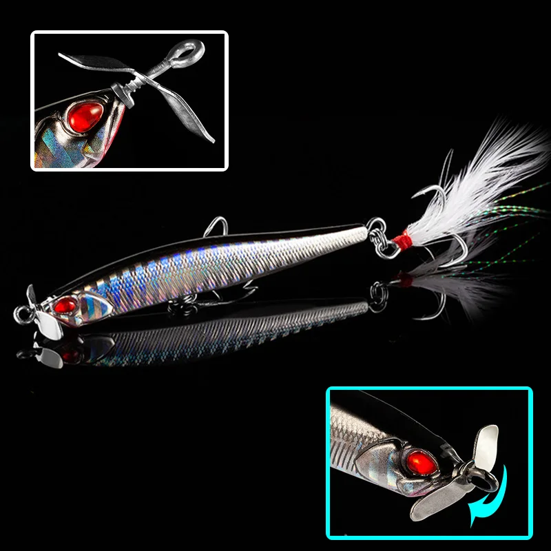 Proleurre 1pcs Propeller Minnow Fishing Lure 12.5g 100mm Sinking Pencil Baits Artificial Hard Bait Feather Hook Fishing Lures