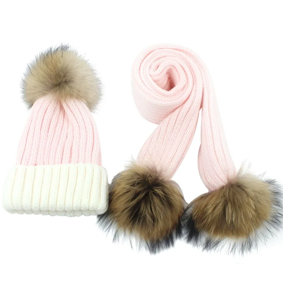 New Arrive Winter Kids Hat&Scarf Natural Real Raccoon Fur Pompom 3pcs Pom pom Beanies Children\' Warm Scarf Hats 1-8 Years Old