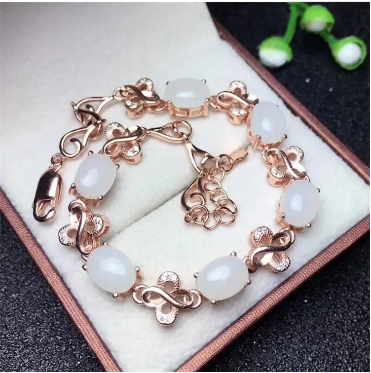 Natural Hetian White Jade chain bracelet Free shipping Natural real Hetian Jasper 925 sterling silver Fine jewelry 6*8mm 6pcs