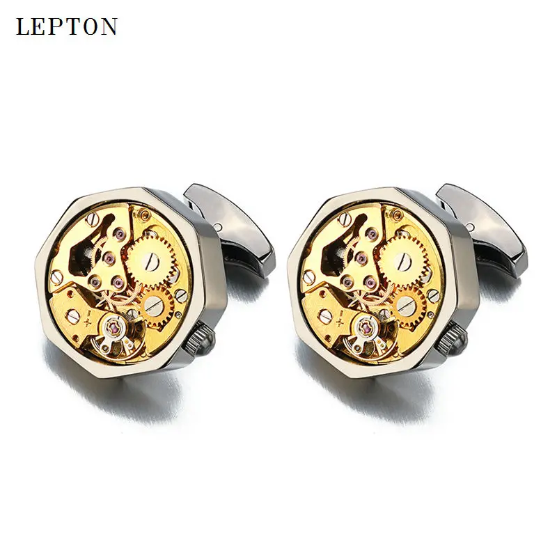 Hot Sale Non-Functional Watch Movement Cufflinks for mens Don't Move Stainless Steel Steampunk Gear Watch Mechanism Cuff links