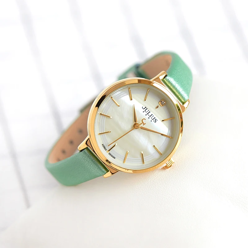 Mother-of-Pearl Julius Women\'s Watch Japan Quartz Hours Simple Fine Fashion Leather Bracelet Girl Birthday Gift Julius No Box