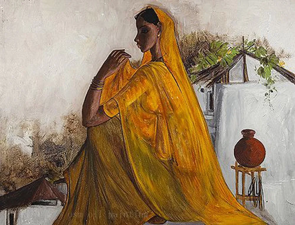 High Skill Hand Painted Indian Sexy Lady Feature Oil Painting on Canvas Handicraft Indian Woman In Yellow Dress Wall Art Decor