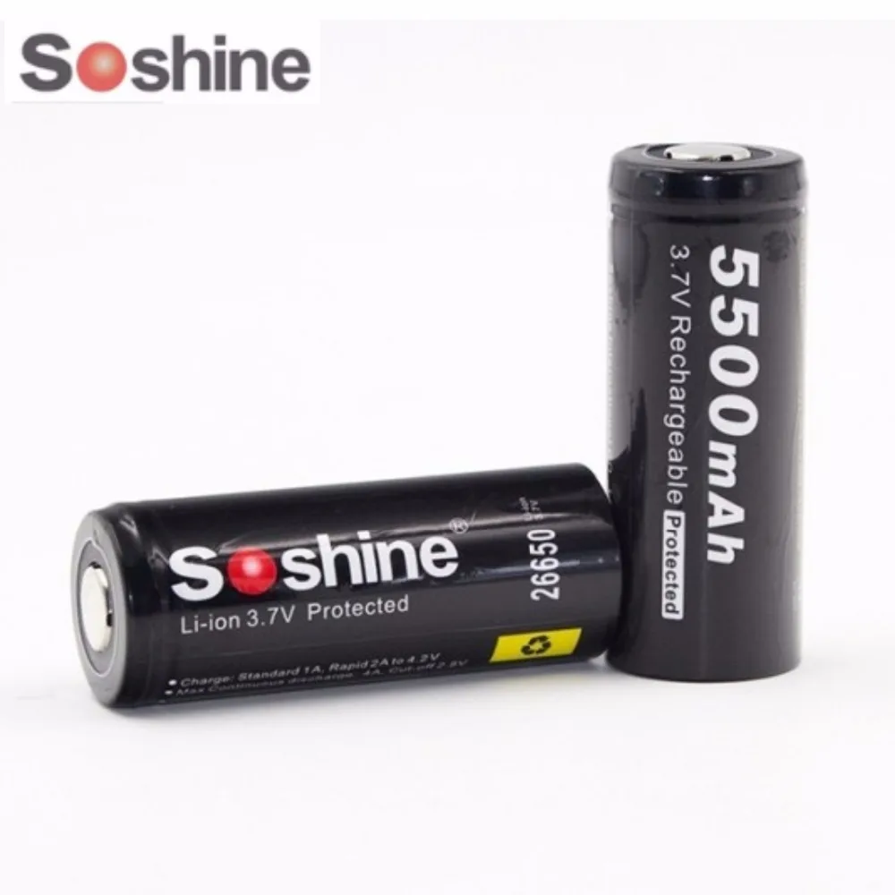 2PCS/LOT Soshine 3.7V 5500mAh 26650 Battery Protected Rechargeable Li-ion Batteries Cell with Battery Box Case