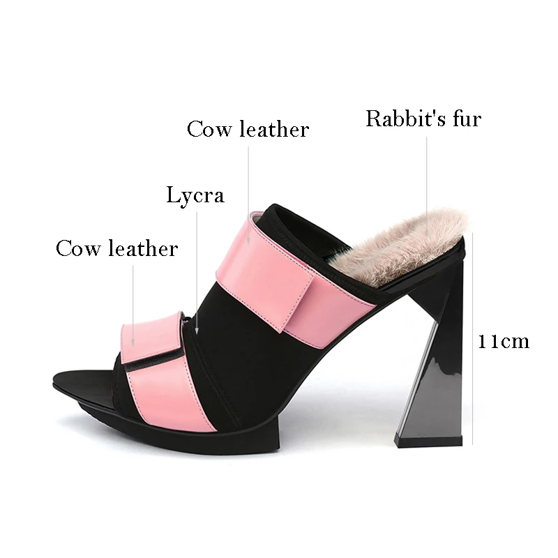 Women Mules Genuine Leather Platform with Rabbite Fur 11cm Extreme High Heels Slippers Women Pink Black White HL123 MUYISEXI